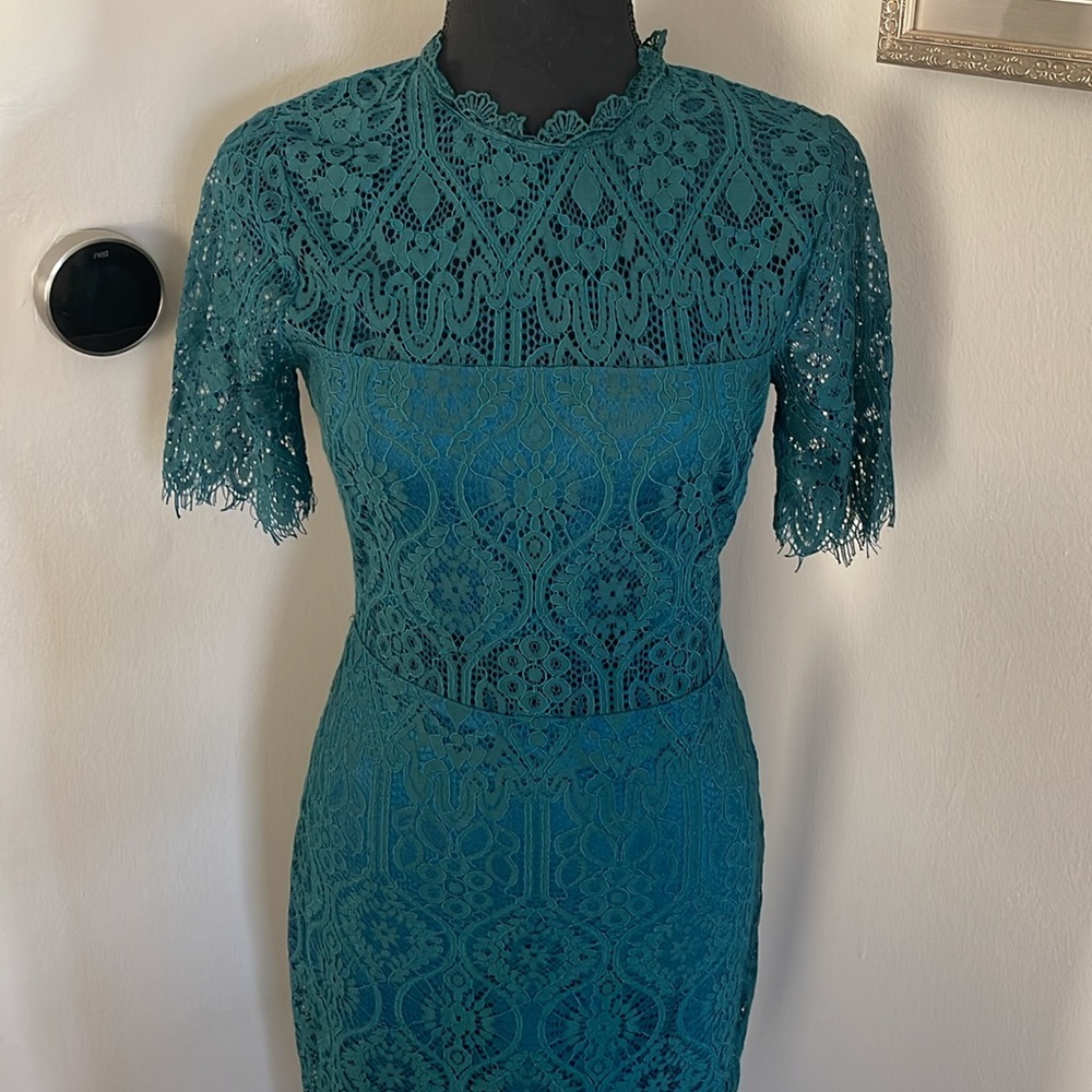 LULUS Remarkable Forest Green Sheer Lace Short Sleeve Mini Dress - Picture 11 of 15